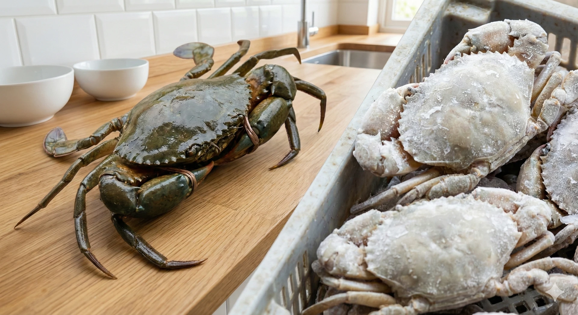 Live mud crab next to a pile of frozen mud crabs, showcasing the difference in quality and vibrancy.