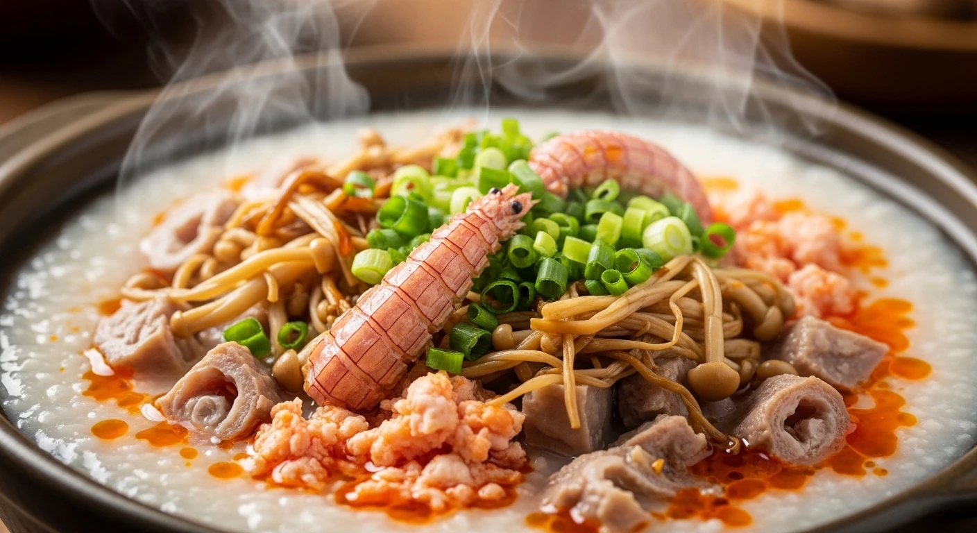 Steaming bowl of Mantis Shrimp, Pork and Mushroom Porridge