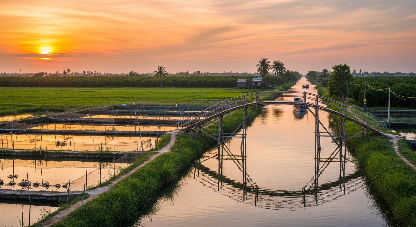 Iconic Mekong Delta landscape with bamboo bridge and crab ponds