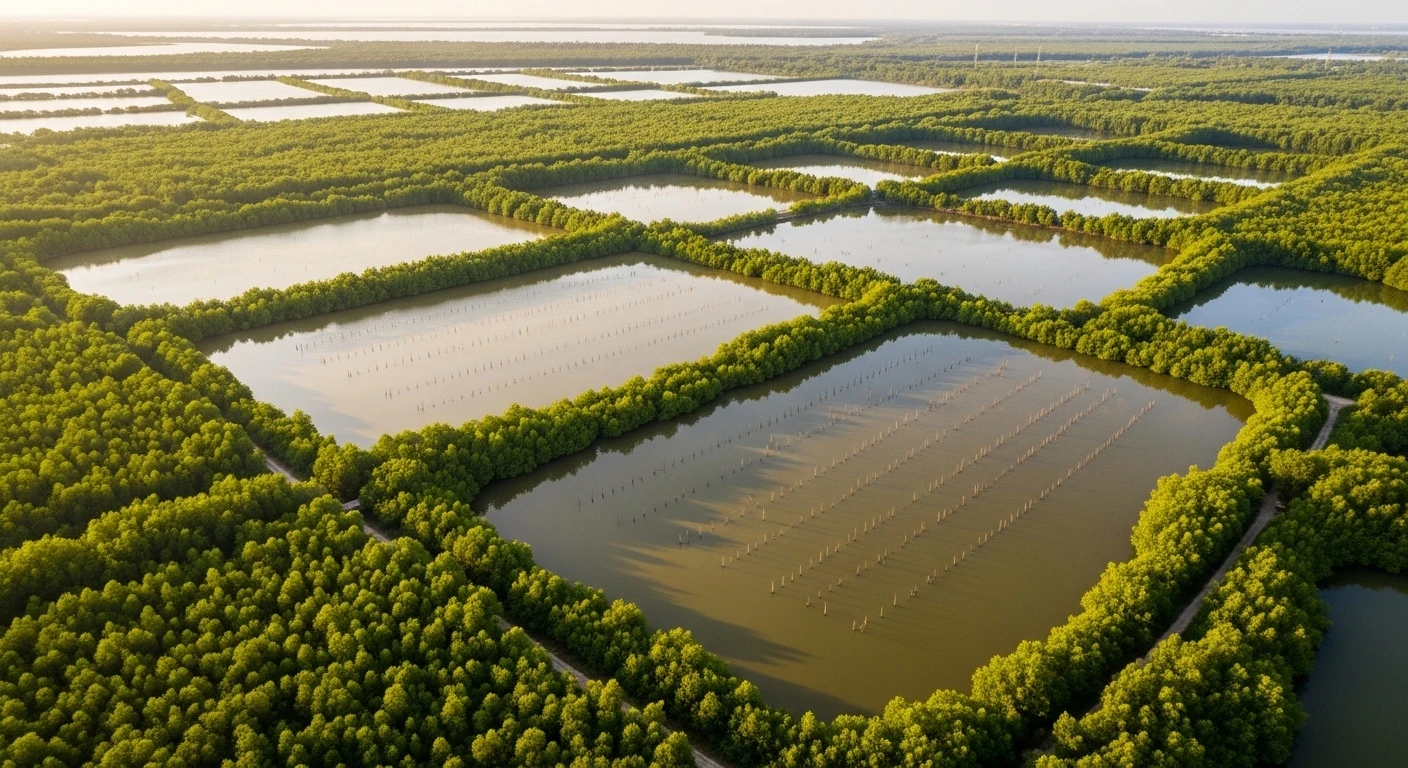 Aerial view of mangrove shrimp farms in the Mekong Delta