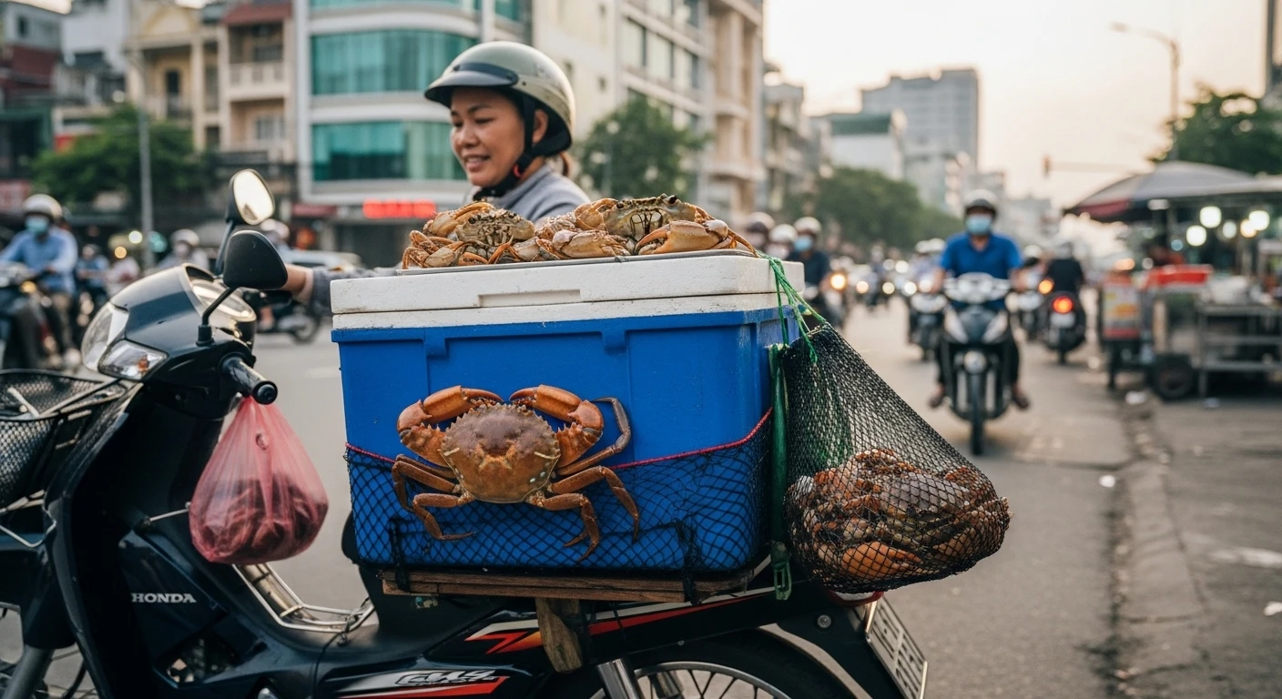 A motorbike loaded with fresh mud crabs, ready for sale on a Saigon street.
