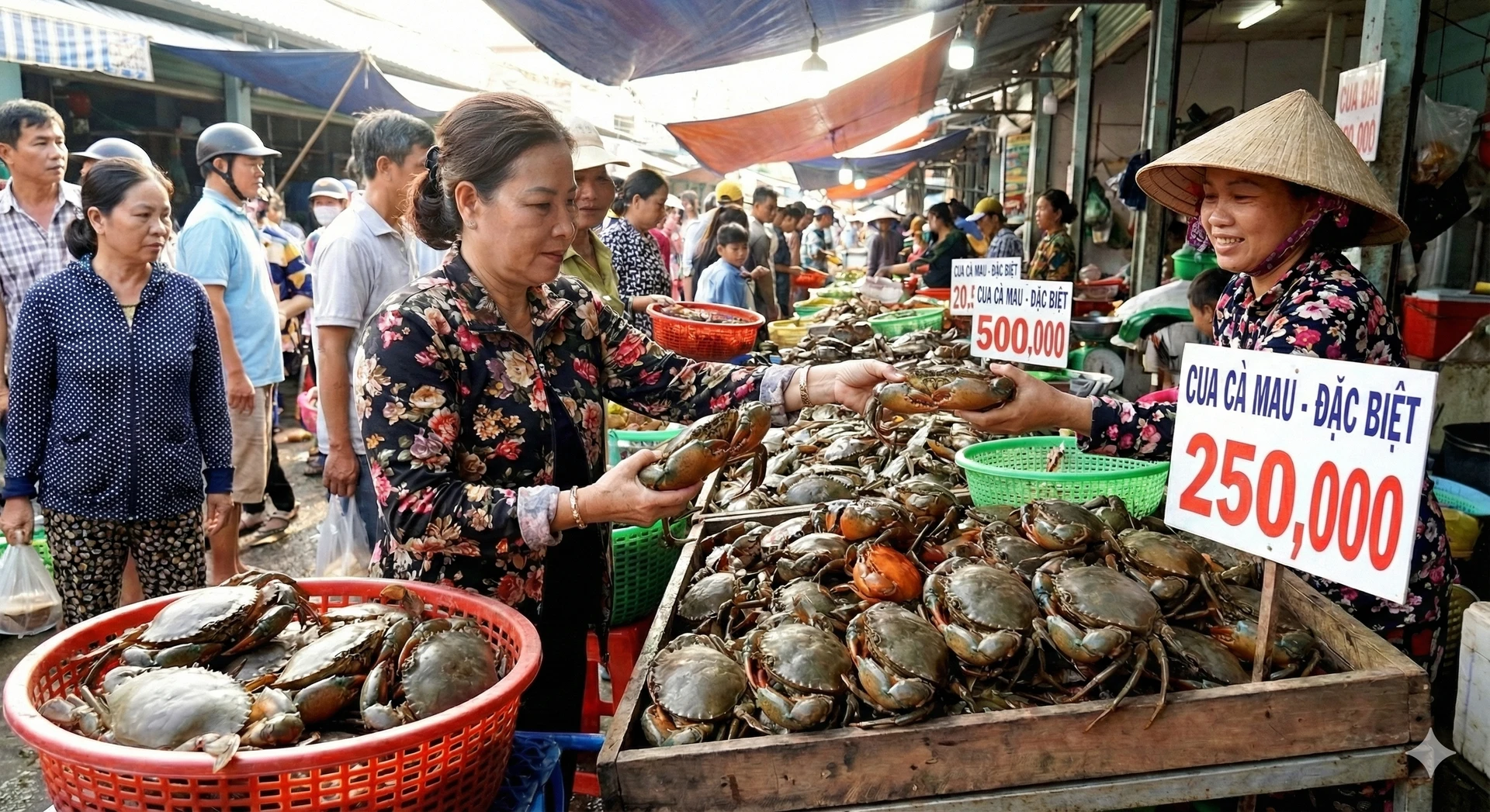 Hình ảnh một người phụ nữ đang chọn mua cua tại chợ hải sản sôi động, minh họa cho sự tương tác giữa cung và cầu.