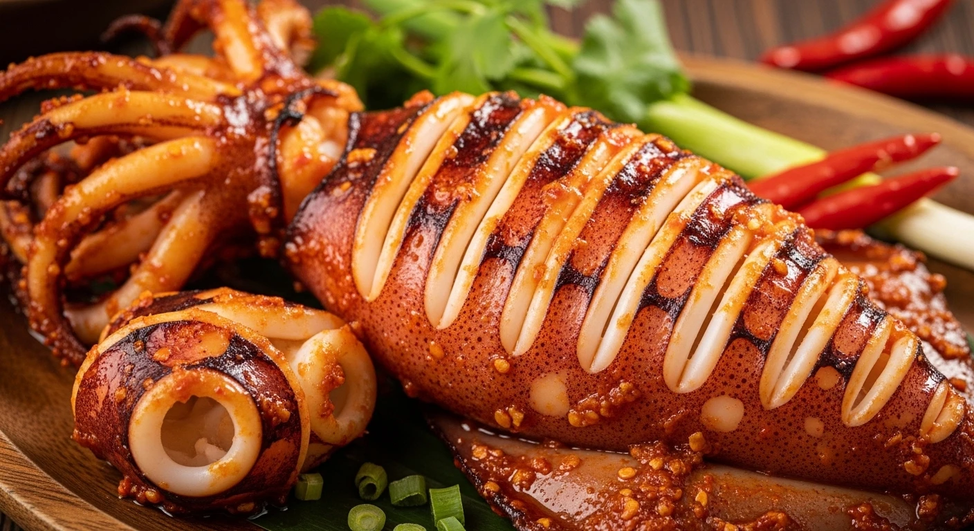 Mực lá nướng sa tế cay nồng, vàng giòn hấp dẫn