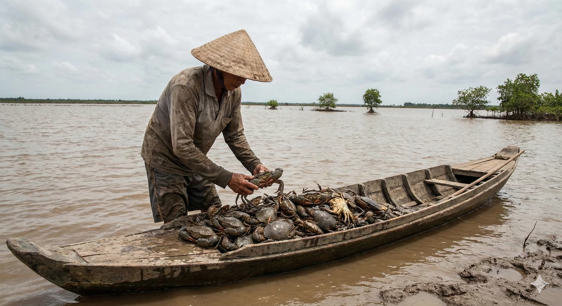 Nông dân đang chọn lọc và thu hoạch cua trong đầm lầy Cà Mau