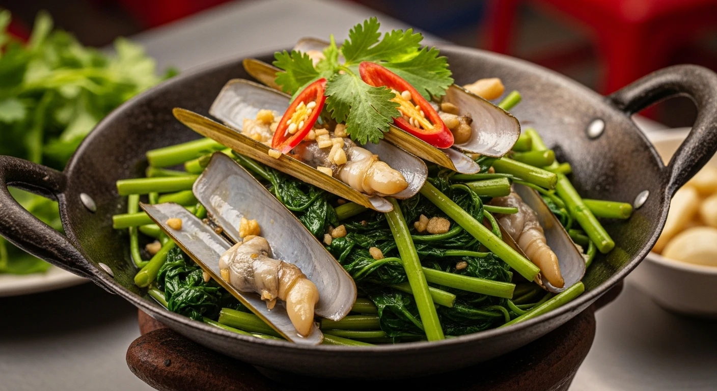 Ốc móng tay xào rau muống tỏi thơm lừng