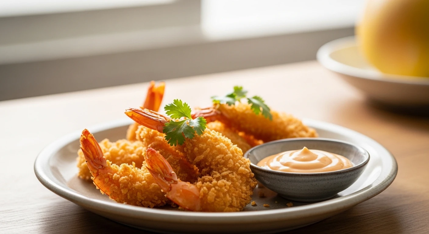Panko Fried Shrimp with Melon Mayo Sauce, garnished with herbs