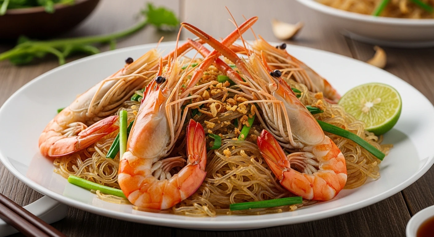 Glass noodles stir-fried with river prawns and scallions on a white plate