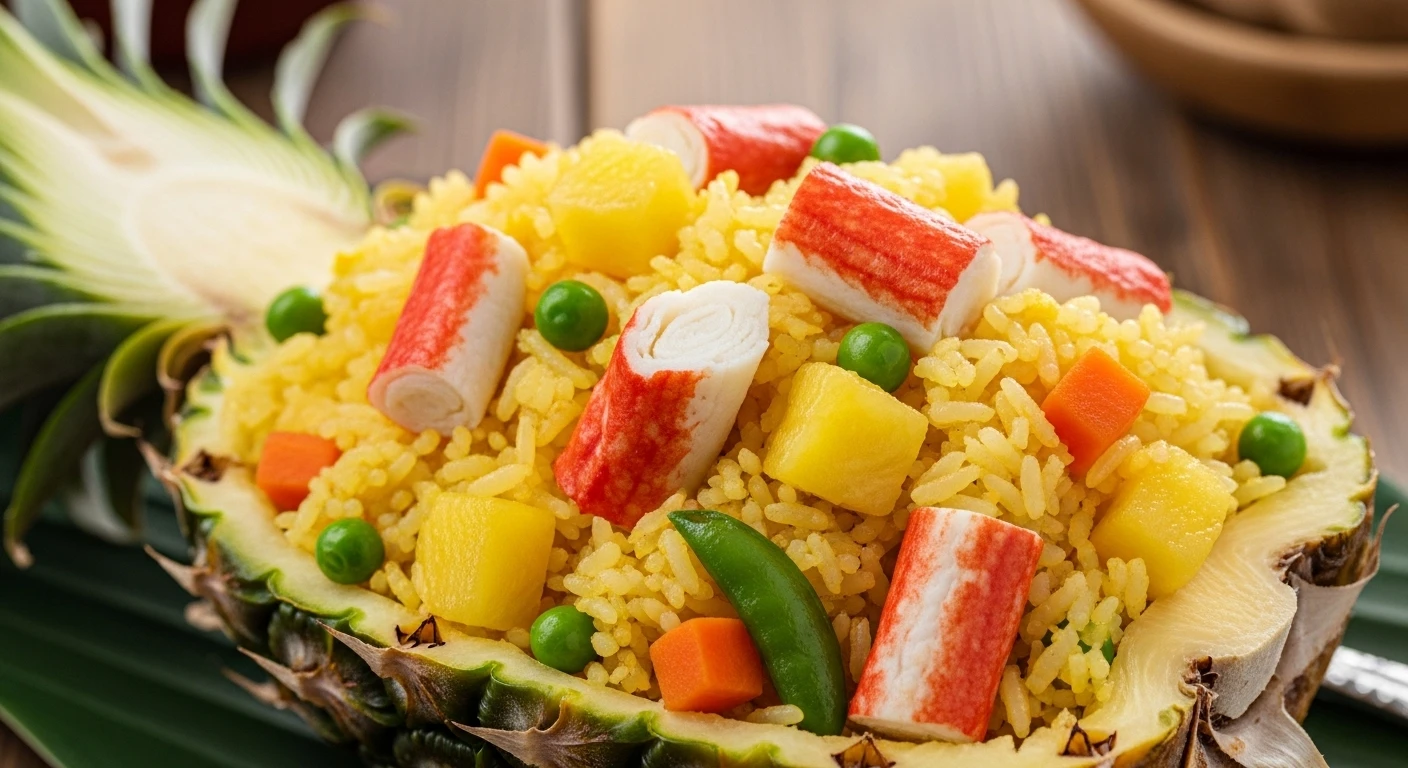 Pineapple Crab Fried Rice served in a pineapple half