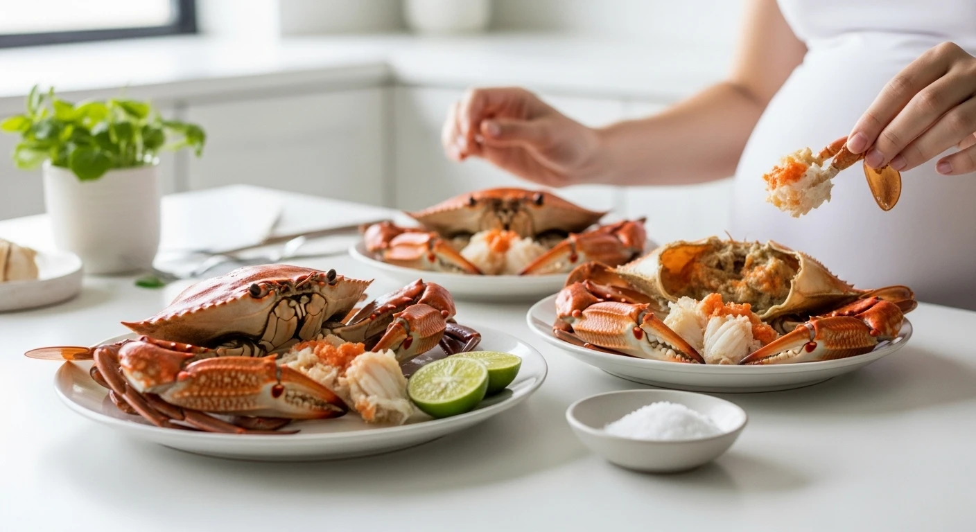 A steaming pot of crabs, with pregnant woman's silhouette subtly in background