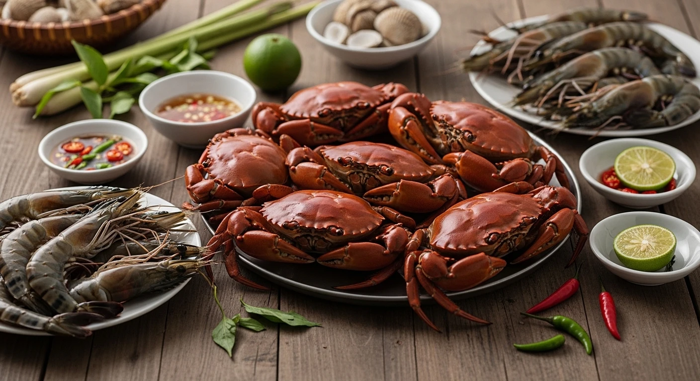 Assortment of fresh seafood from the Mekong Delta, with a focus on crab and shrimp.