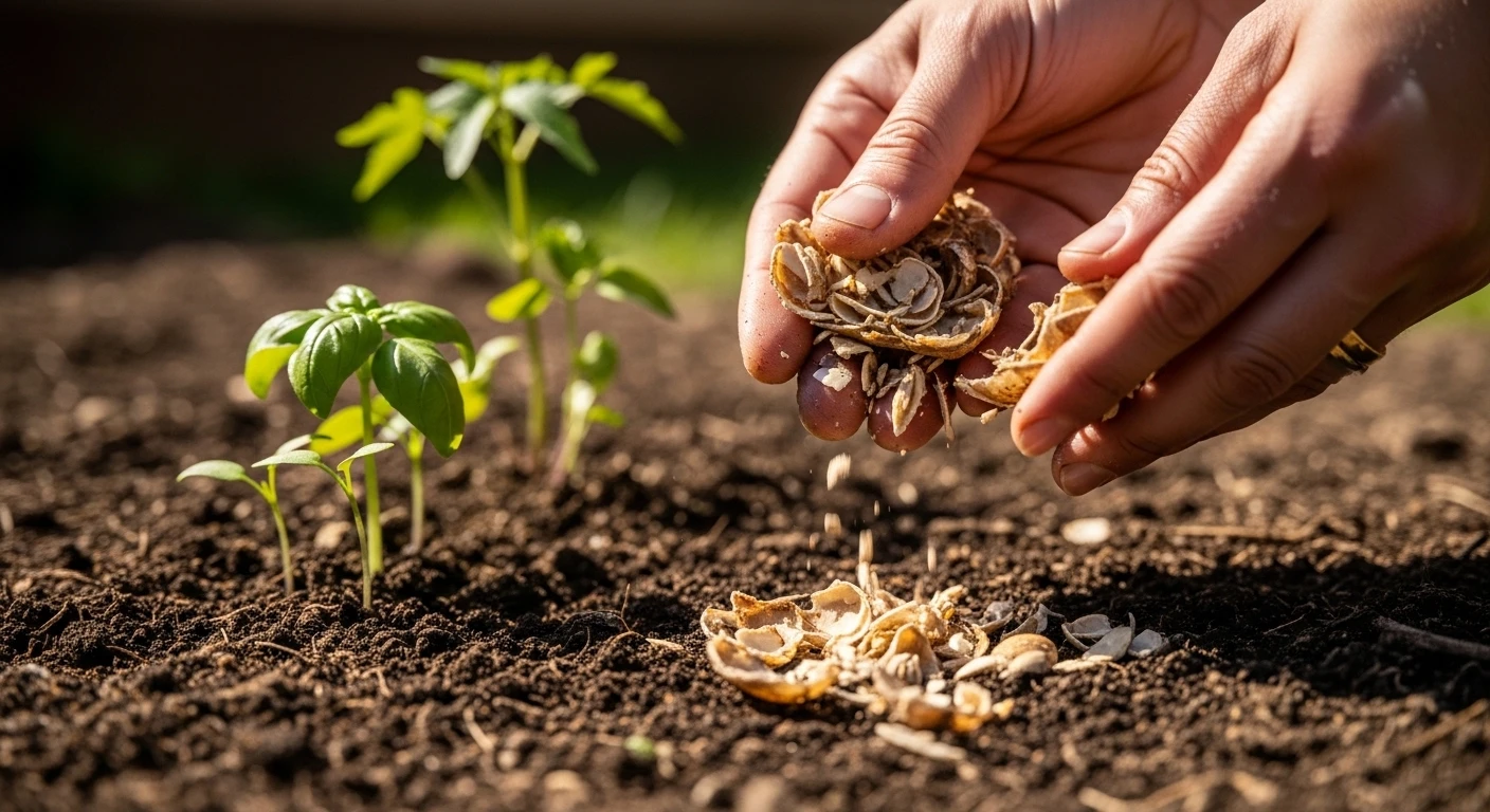 Crab shells being crushed and added to garden soil