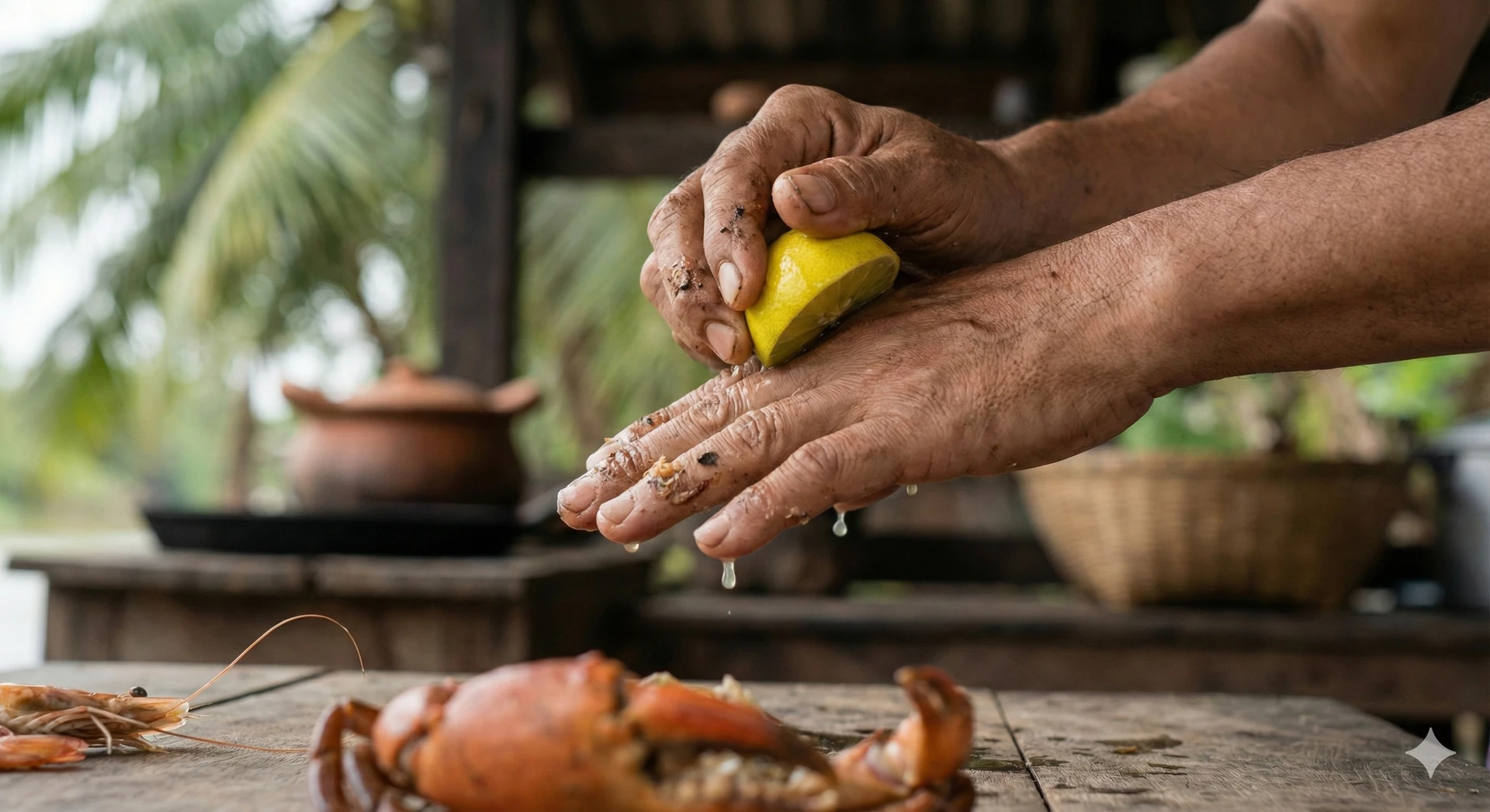 Hands being cleaned with a lemon after eating seafood in the Mekong Delta