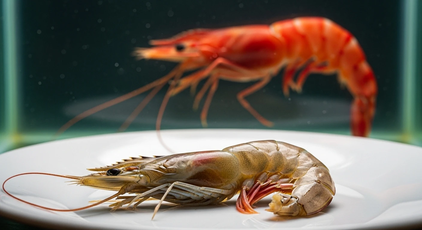 A dejected-looking prawn on a plate next to a vibrant live prawn