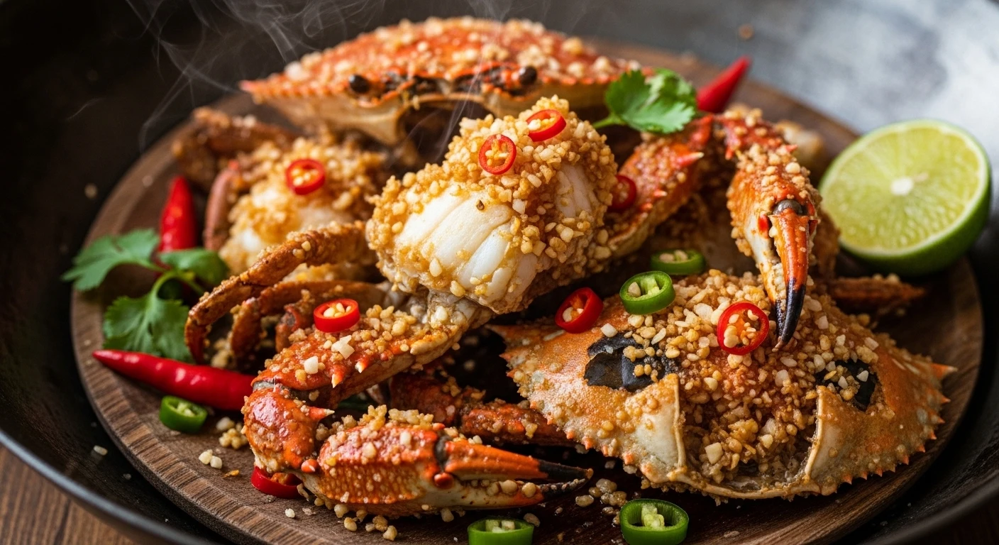 Salt and Chili Toasted Crab (Cua Rang Muoi) on a rustic table