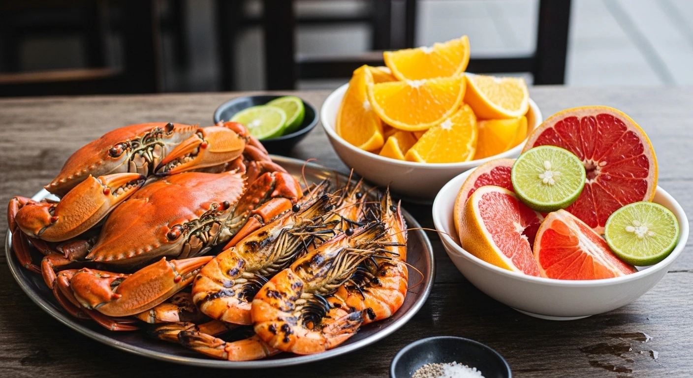 A close-up of vibrant, fresh seafood with slices of orange and grapefruit nearby
