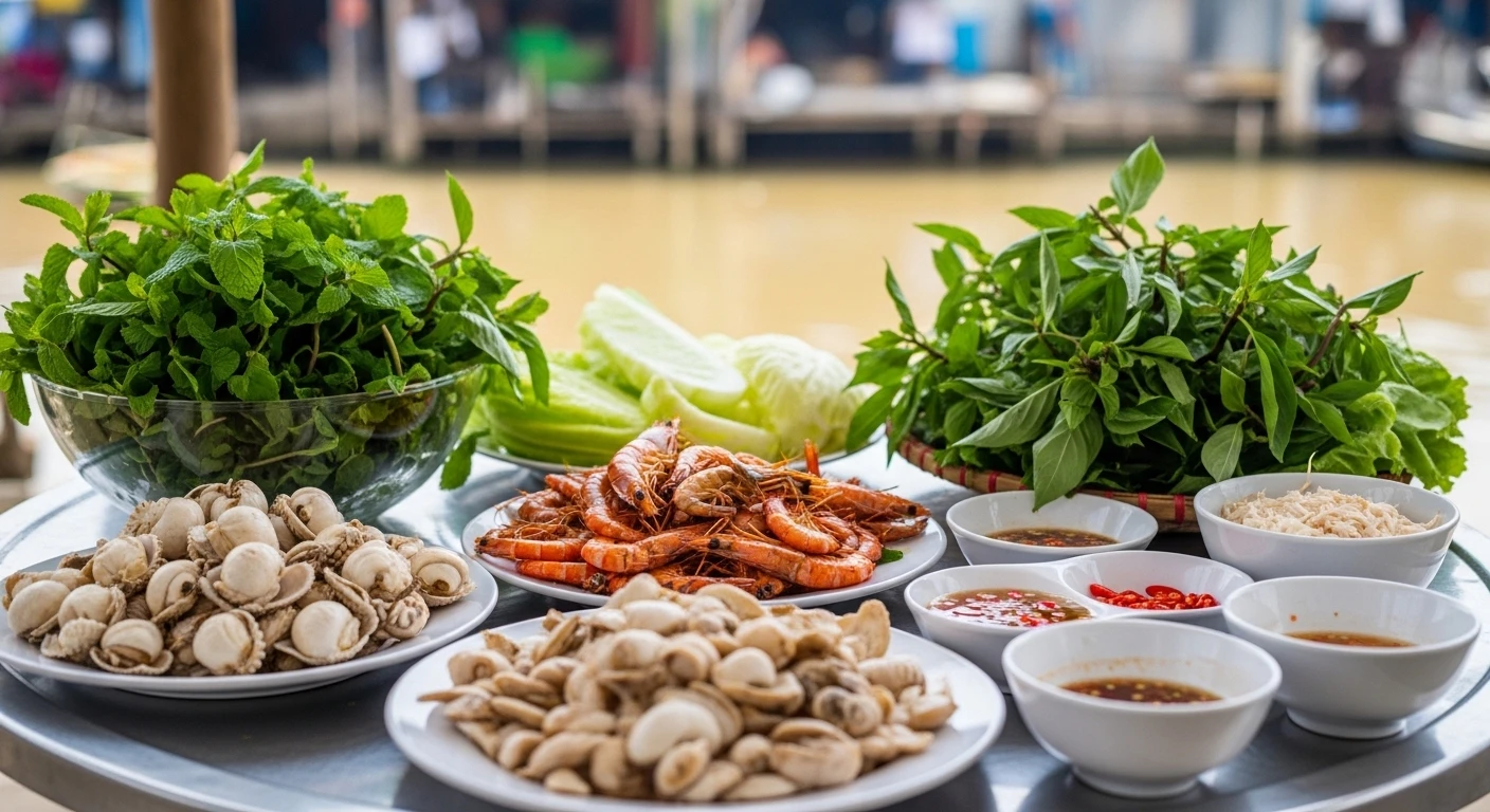 A steaming bowl of seafood with herbs