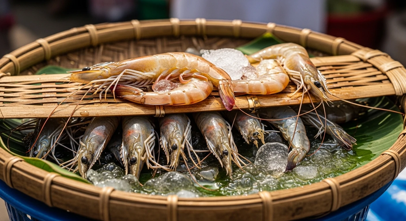 Shrimp display with fresh on top, dead underneath