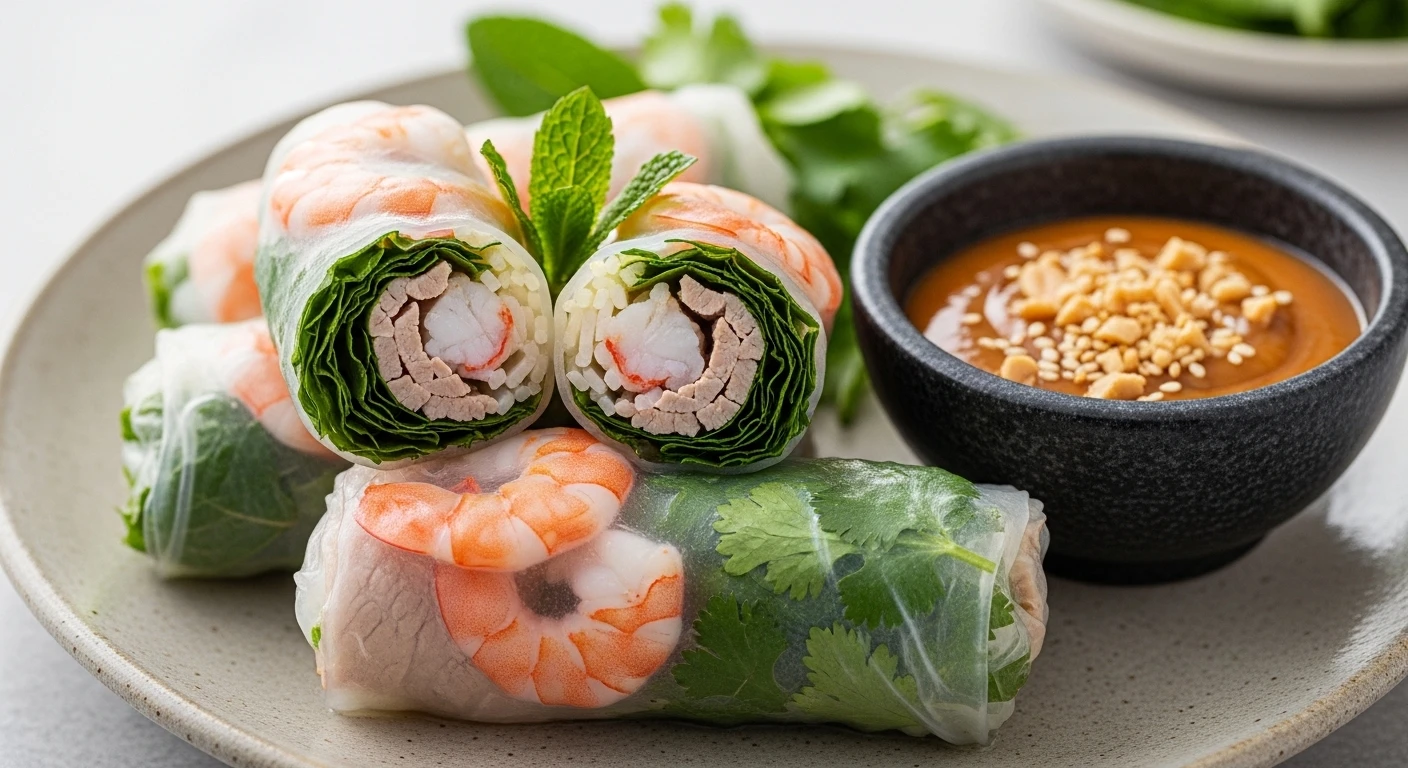 Shrimp and Pork Summer Rolls with Hoisin Peanut Dip