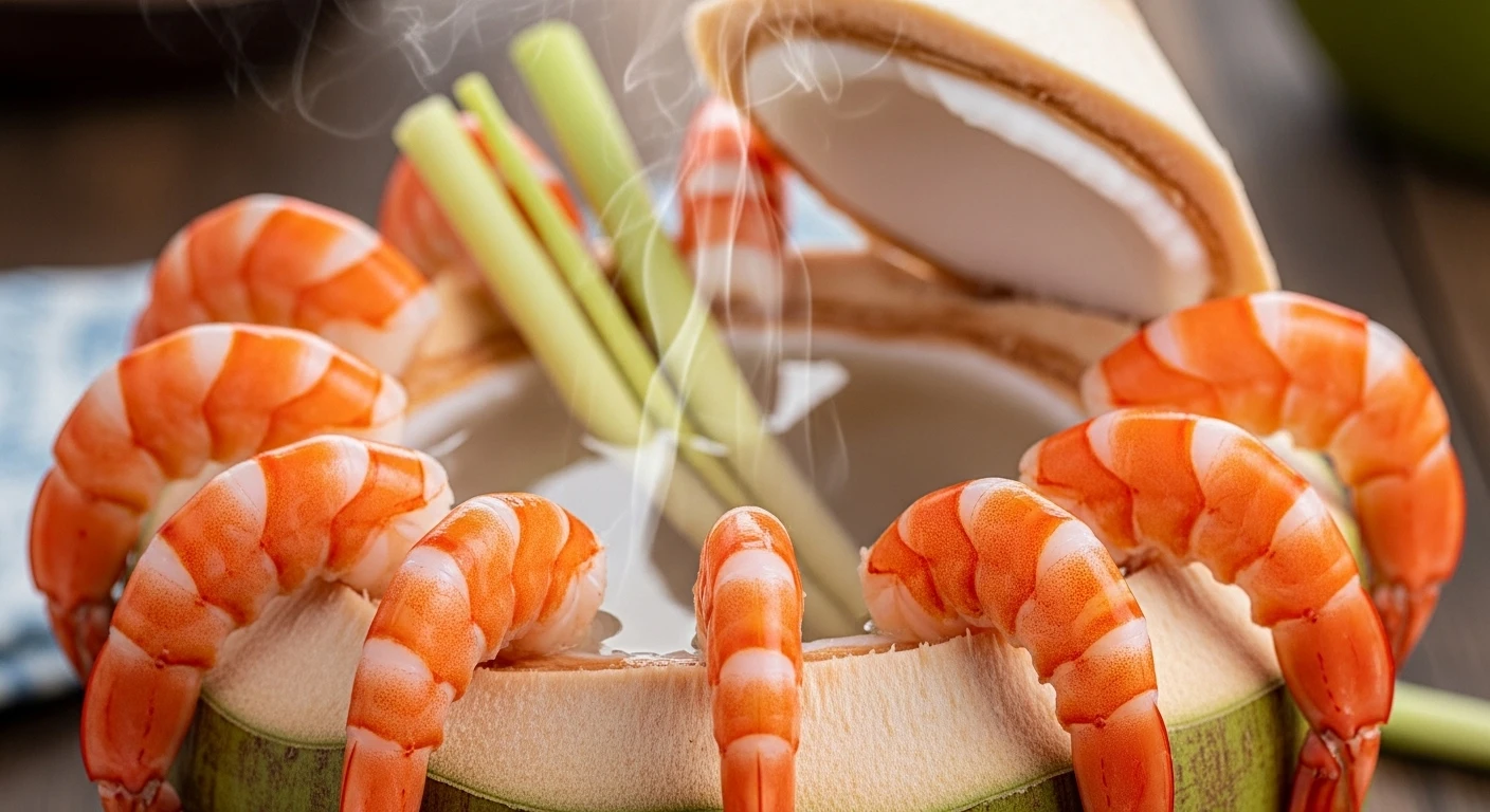 Shrimp delicately steamed around the rim of a young coconut
