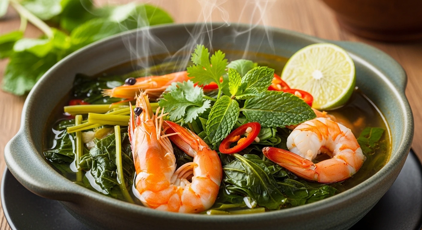 A bowl of vibrant Shrimp Sour Soup with Wood Sorrel