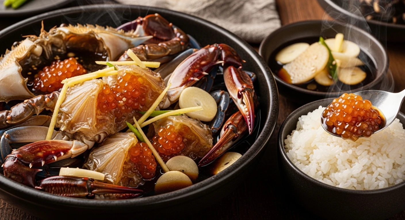 Ganjang Gejang: Raw crabs marinated in soy sauce with vibrant roe