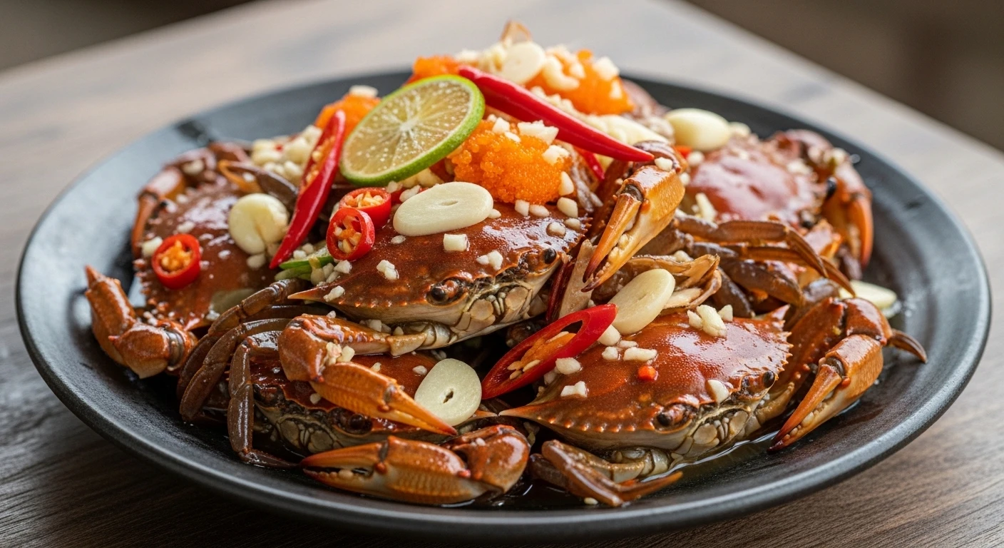 Sweet and Sour Salted Fiddler Crab (Ba Khia Tron) on a rustic plate