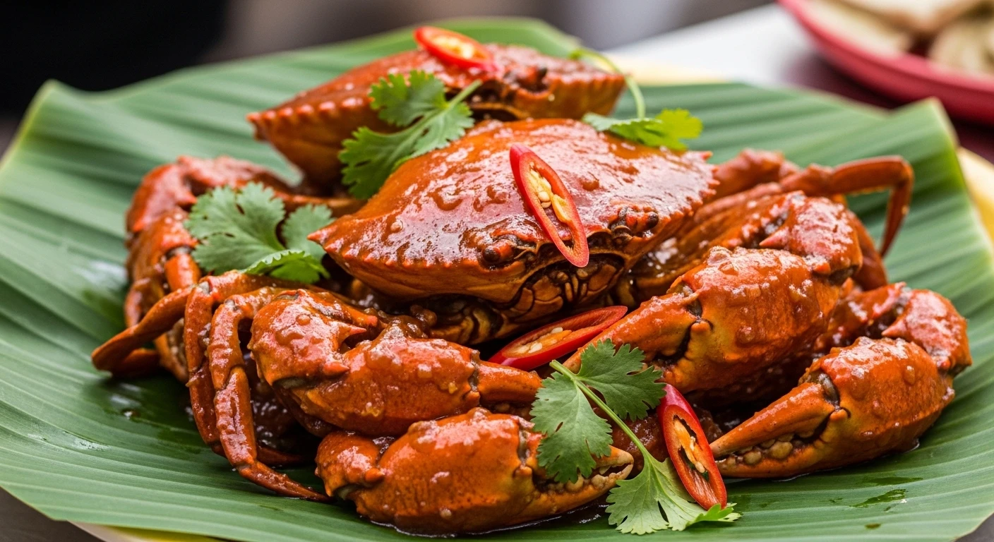 Cua Rang Me (Tamarind Crab) on a banana leaf plate