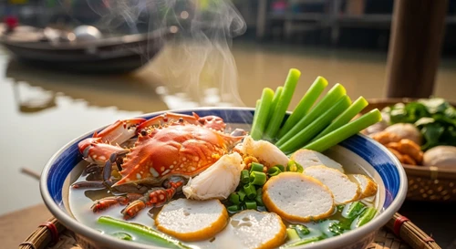 Blue Crab & Fish Cake Noodle Soup with Elephant Ear Stems