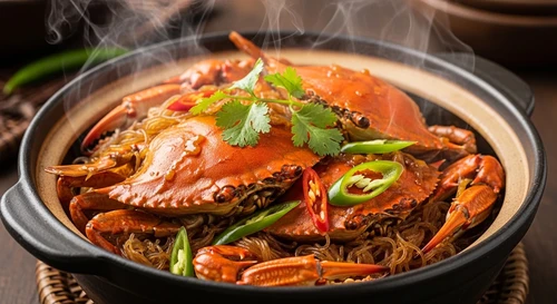 Spicy Thai Tom Yum Style Blue Crab Braised with Glass Noodles in a Claypot