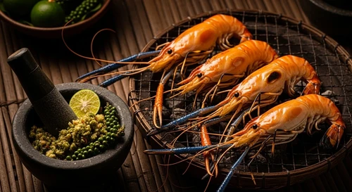 Charcoal Grilled Giant Freshwater Prawns with Green Peppercorn Dip