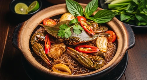 Ghẹ Xanh Om Miến Tương Đen Nồi Đất Cay Xé Vị Giác Kiểu Thái TomYum