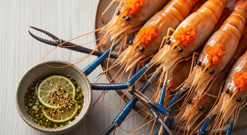 Giant River Prawns Steamed in Coconut Water with Lime-Pepper Dip