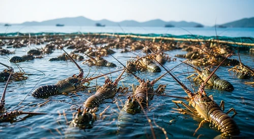 Cage-farmed lobsters in Cam Ranh Bay