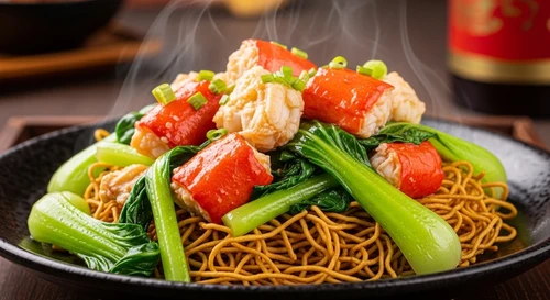 Mì Xào Cua Rau Cải Thìa Chảo Gan