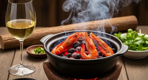 Pebble-Steamed Shrimp with White Wine Spray