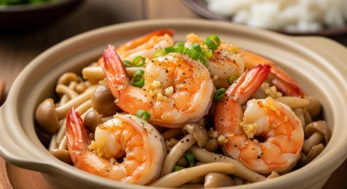 Shrimp Stir-fried with Smashed Garlic & Straw Mushrooms