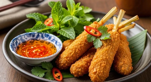 Central Vietnam Golden Fried Shrimp Paste on Lemongrass (Chao Tom)