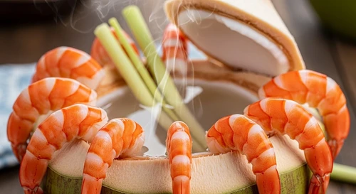 Shrimp Steamed in a Fresh Coconut: A Mekong Visual Stunner