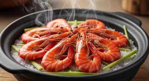 Shrimp Steamed on Coarse Salt and Lemongrass in a Claypot for Ultimate Original Sweetness