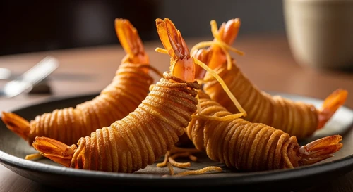 Spiral Potato-Wrapped Fried Shrimp