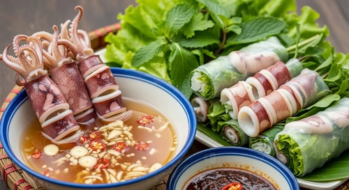 Squid Dipped in Sour Fermented Rice Vinegar with Rice Paper Rolls