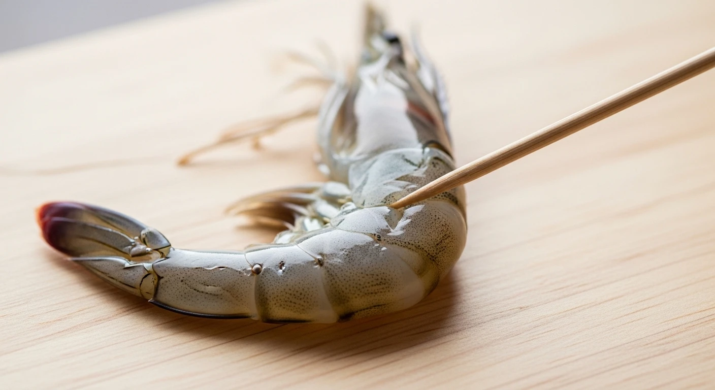 A close-up of shrimp being deveined with a toothpick