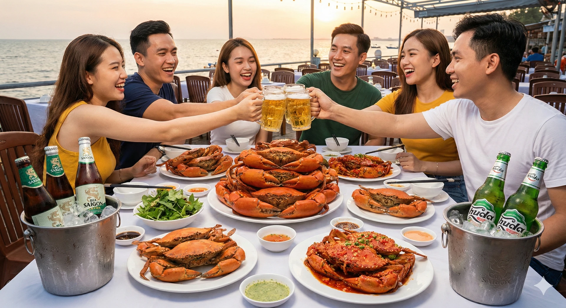 Bàn tiệc đầy ắp các món cua hấp dẫn, bia lạnh, và nhóm bạn đang cụng ly vui vẻ