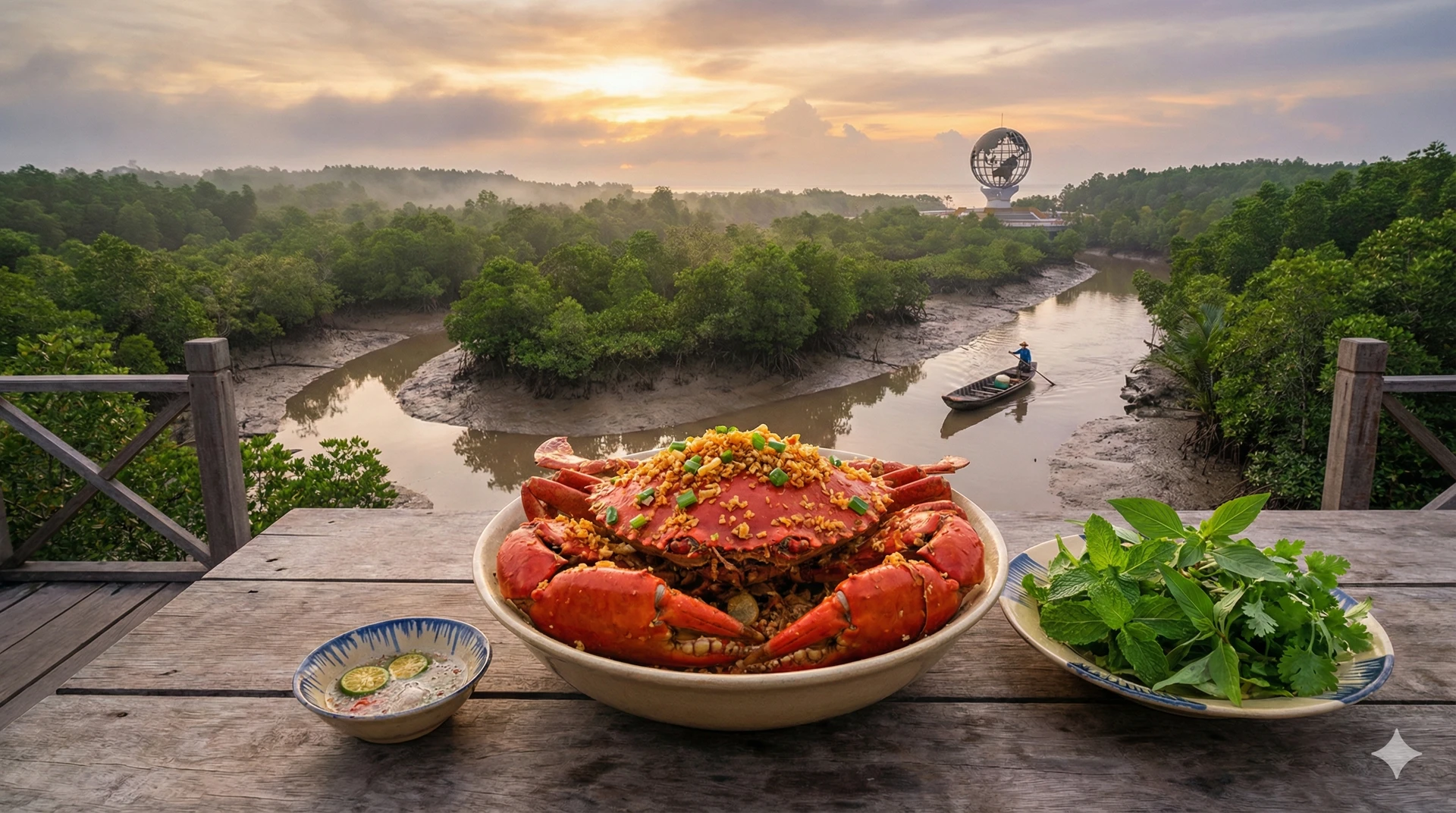 Panoramic view of Ca Mau Cape with mangroves, boats, and a local crab dish