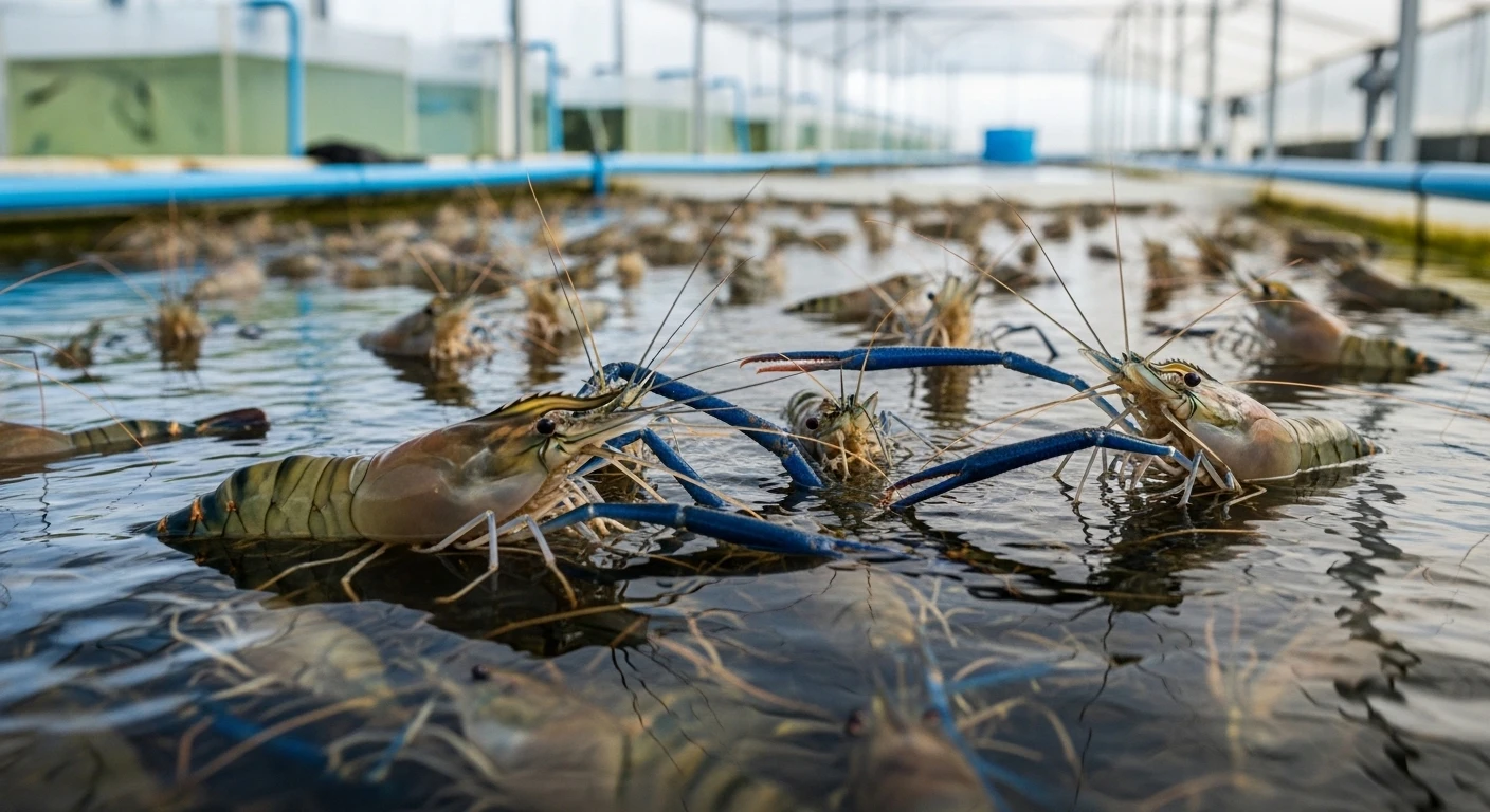 Giant freshwater prawns being farmed in a net house system