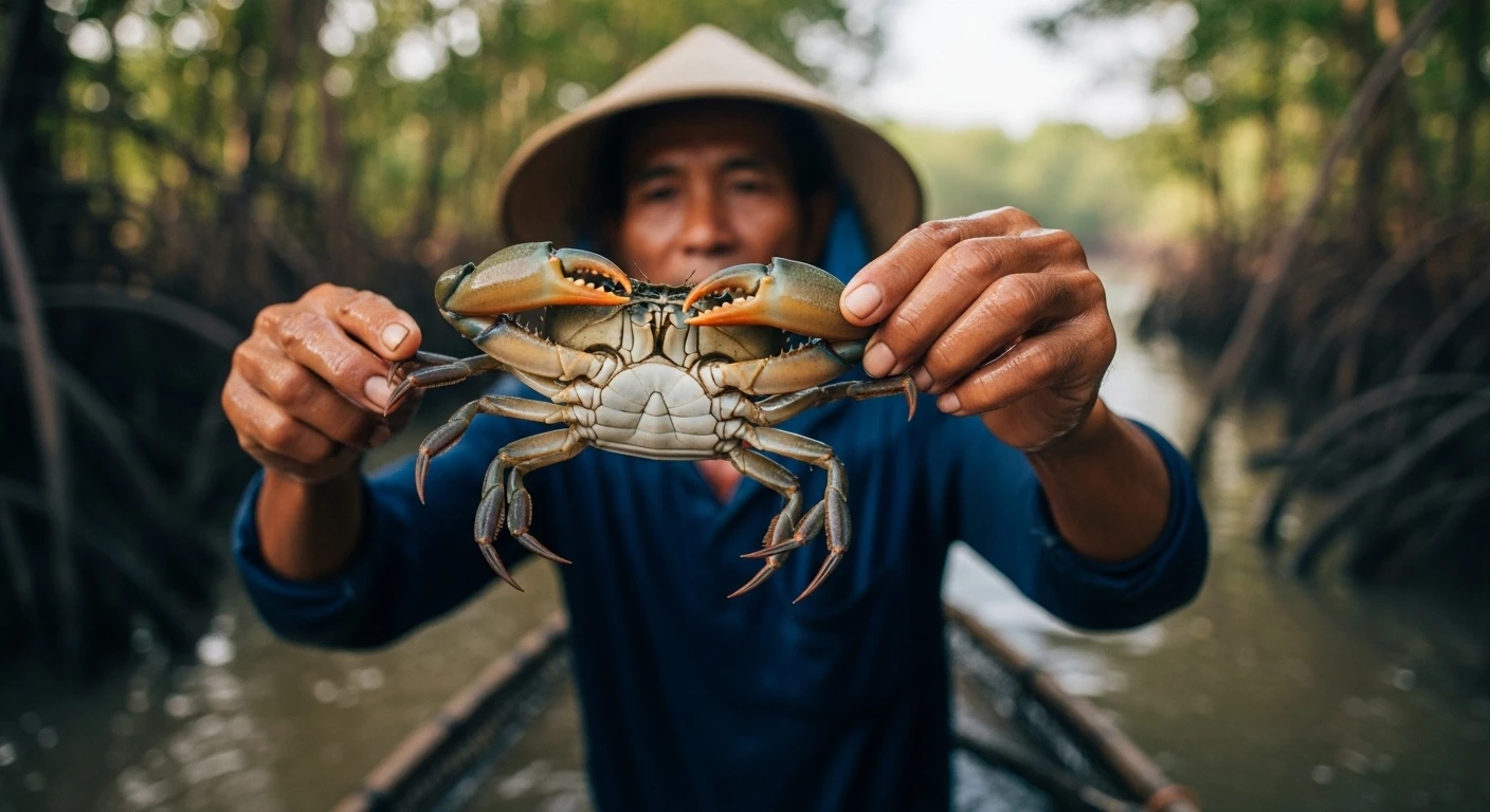 Mekong Delta fisherman with mud crabs