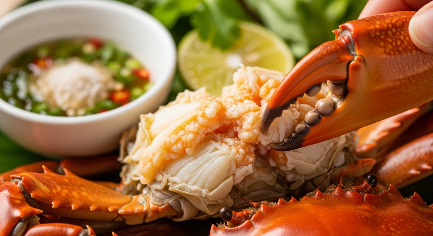 A close-up of fresh Vietnamese mud crab meat with a simple dipping sauce