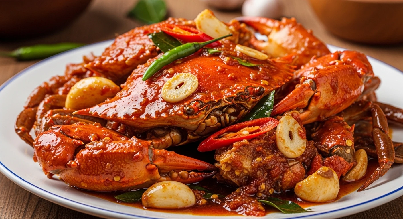 A steaming plate of Indonesian crab with sambal sauce