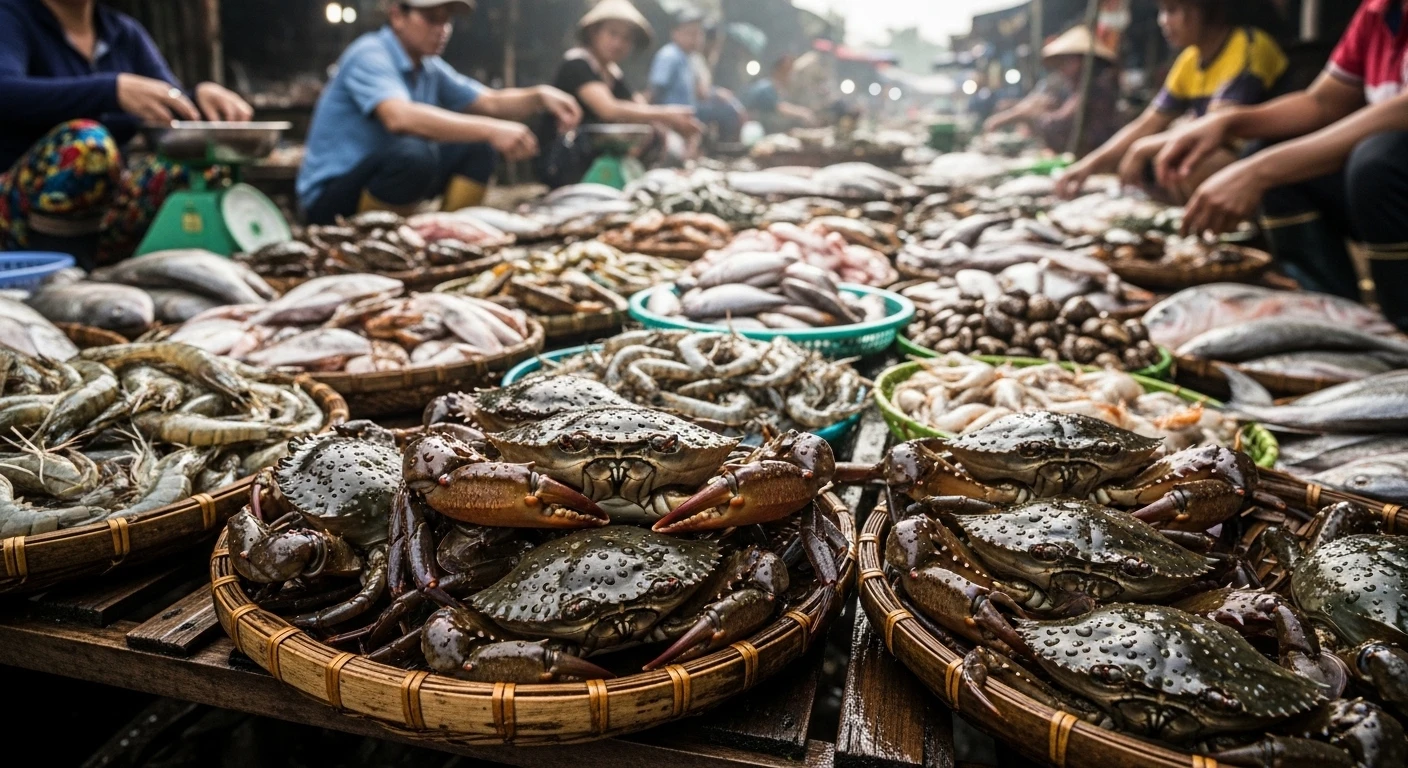 Bustling Mekong Delta seafood market with fresh crabs