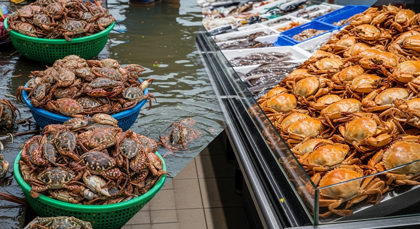 A split image showcasing the vibrant, colorful atmosphere of a Mekong Delta crab market on one side and a clean, well-organized Dutch seafood stall on the other.